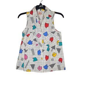 Vintage 90s Eber Sleeveless Blouse Abstract Geometric Button-Up Womens S USA Y2K